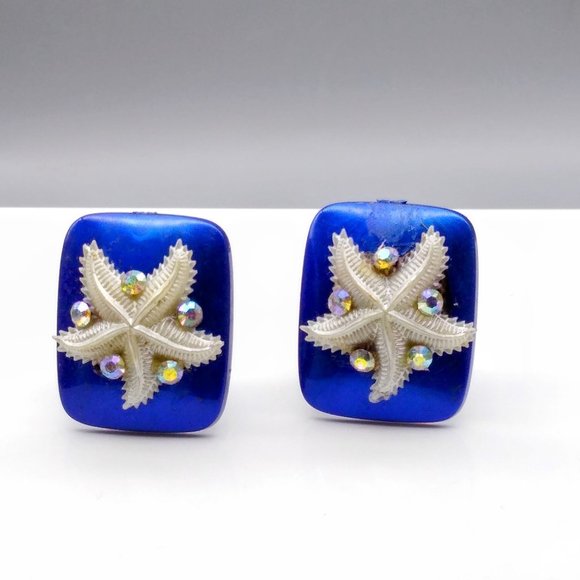 Vintage Sparkling Starfish Earrings, Bright Blue Lucite with White Sea Star - Picture 2 of 4